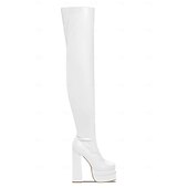 baratos Botas com salto-botas plataforma femininas acima do joelho – botas de salto alto em couro sintético elástico preto e branco para eventos de moda e festas