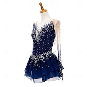 cheap Figure Skating Dresses-Figure Skating Dress Women's Girls' Ice Skating Dress Navy Blue Open Back Asymmetric Hem Mesh High Elasticity Training Competition Skating Wear Classic Crystal / Rhinestone Long Sleeve Ice Skating Figure