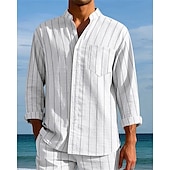 economico Camicie di lino-Per uomo Camicia Camicia di lino Camicia casual Camicia con Bottoni Camicia di cotone A righe Vacanza Camicia hawaiana Nero Bianco Blu reale Cachi Manica Lunga Colletto alla coreana Primavera Autunno