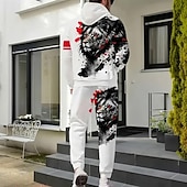 billige Herre 3D Sweatshirt Sett-Herre Løve 2stk 3D-genseresett Joggedress Hettegenser Langermet Lange bukser Med hette Fritid hverdag Moderne treningsklær Gateklær 3D-utskrift Vår Høst Vinter Hvit