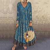 abordables Robes fleuries décontractées-Femmes Robe Longue Maxi Robe Robe Imprimée Mode Classique Moderne Extérieur Vacances Fête Coupe régulière Graphique Fleur manche longue Col en V Jaune Vin Bleu Vert Printemps