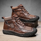 baratos Botas de cano curto-Botas casuais masculinas de couro sintético marrom de cano alto com sola de borracha antiderrapante - calçados duráveis para caminhadas ao ar livre, viagens e uso diário