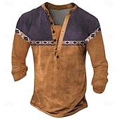 cheap Ethnic Style-Men's Geometric Print T Shirt Henley Shirt Long Sleeve Designer Retro Vintage Ethnic Street Casual Daily Summer Spring Fall Black Green Navy Blue Brown Light Grey Henley Henley T-Shirt