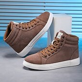baratos Botas de cano curto-tênis masculino de cano alto em tecido marrom, calçado casual confortável com cadarço para escola, viagens e atividades ao ar livre
