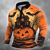 billiga Halloween Polos-Halloween Herr Pumpa Fladdermus Polo Långärmad Polotröjor Kavajslag Ledigt Mörk Gata Fritids- Festival outfit 3D-utskrift Knappar Vår Höst Vinter orange1 Orange 2