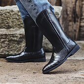 baratos Botas de equitação-Botas altas de montaria masculinas de couro marrom com padrão de crocodilo – calçado equestre elegante de cano alto para passeios a cavalo, eventos de fantasias e trajes de estilo vintage