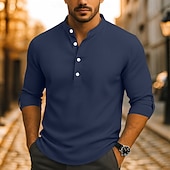 economico Camicie Popover da Uomo-Per uomo Camicia Camicia popover Camicia casual Camicia da Spiaggia Camicia a maglia a nido d&#039;ape Nero Bianco Blu marino Arancione Manica Lunga Semplice Collo alla coreana Vacanza Camicia hawaiana