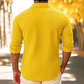 preiswerte Herren-Oberhemden-Herren Hemd Freizeithemd Knopfhemd Waffelstrickhemd Gelb Langarm Einfarbig Einfach Kragen Urlaub Lässig Tasche Bekleidung Mode Lässig