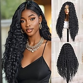 abordables Perruques synthétiques à dentelle-Perruque en dentelle synthétique Boucles profondes Style 28 pouce Noir Raie au milieu partie U Perruque Femmes Perruque Noir