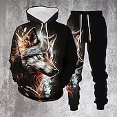 billiga Herrars 3D-tröjset-Herr Djur Varg 2st 3D-tröja set Träningsoverall Hoodie-tröja Långärmad Långa byxor Huva Ledigt vardag Fritids- Dagliga kläder 3D-utskrift Vår Höst Vinter Orange Grön