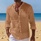voordelige Vakantie-Voor heren Overhemd Linnen overhemd Zomer overhemd Button-down overhemd Strand hemd Overhemden zonder broek Effen Vakantie Alledaagse kleding Zwart Wit Lichtgroen Blozend Roze Lange mouw Strijkijzer