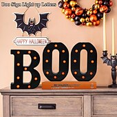 billige Dekorative lys-Halloween-dekorasjoner innendørs - 3 LED-telt med lysende bokstaver, svart boo-skilt, halloween-bokstavlys til hjemmet, innendørs kjøkken, peis, festbord, dekorutstyr