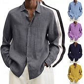 economico camicia da uomo con bottoni-Camicia da uomo in cotone e lino, nera, rosa, blu navy, manica lunga, tinta unita, stile turndown, abbigliamento da vacanza, abbigliamento in poliestere, moda casual