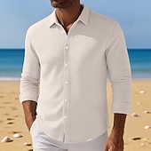 economico camicia da uomo con bottoni-Per uomo Camicia Camicia a nido d&#039;ape Camicia Estiva Camicia casual Camicia con Bottoni Nero Bianco Kaki Azzurro Manica Lunga Semplice Testurizzato Bavero Vacanza Casuale Abbigliamento Moda Casual