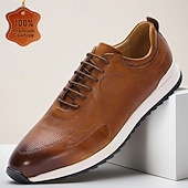 billige Førsteklasses joggesko i skinn-brune herresneakers i skinn – lette sportssko med snøring for hverdagsbruk, reiser og helgetur