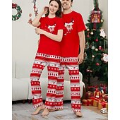 cheap Matching Outfits-Family Pajamas Christmas Pattern Home Print Red Short Sleeve Active Matching Outfits