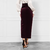 abordables Jupes unies-Femmes Jupe Élégant ancien Mode Sexy Midi Taille Moyenne Jupes Uni Froncé Fendu Micro-Élastique École Noël Rouge bordeaux Printemps Polyester Velours