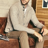 billiga cardigan tröja för män-Herr Tröja Cardigan Tröja Ribbad Sticka Vanliga toppar Stickat Slät Hög hals Semester Mode Ledigt Dagliga kläder Kläder Vår &amp; Höst Khaki grön S M L