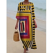 economico Abiti a Strisce e Geometrici-Abito maxi da donna in lino come traspirante leggero kaftano a maniche 3/4 scollo tondo casual abito a trapezio abito boho grafica geometrica giallo rosso marrone chiaro marrone