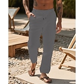 billiga Semester-Herr Linne Byxor Långbyxor Sommarbyxor Strandbyxor Snörning Ficka Elastisk midja Slät Komfort Andningsfunktion Semester Dagligen Helgdag Hawaiisk Boho 다크 카키 Svart