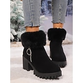 abordables Bottes de neige et d&#039;hiver-Bottines en daim gris pour femme, doublées de fourrure, chaudes, à talon épais et semelle crantée, avec fermeture éclair latérale pour l&#039;hiver