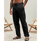 billiga Semester-Herr Linne Byxor Långbyxor Sommarbyxor Strandbyxor Snörning Ficka Elastisk midja Slät Komfort Andningsfunktion Semester Dagligen Helgdag Hawaiisk Boho 다크 카키 Svart