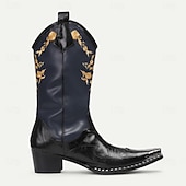 cheap Premium Leather Boots-Men's Navy and Black Cowboy Boots with Gold Embroidery – Elegant Western Boots for Stage Performances, Country Celebrations and Themed Parties