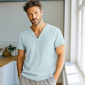  Men's Tee Top Linen T-Shirt Short Sleeves V Neck Summer Spring Solid Color Plain Fashion Designer Basic Soft Vacation Casual Casual Daily White Pink Burgundy Top Tee for Men