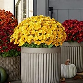 abordables Plantas y Flores Artificiales-5 paquetes de crisantemos artificiales de otoño, crisantemos al atardecer, flores artificiales de otoño para exteriores con margaritas y eucalipto, resistentes a los rayos UV, impermeables, a prueba de viento, plantas realistas de plena floración para jar