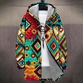 billige fleecejakke for menn-Herre Grafisk Geometrisk Vinterfrakk Fleece-jakke Frakk Hold Varm Bekvem Fritid Dagligdagstøy Glidelås Lomme 3D-utskrift Høst Vinter Med hette Langermet Rød Blå Grønn