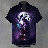 cheap Halloween Shirts-Halloween Men&#039;s Halloween Costumes Headless Horseman Shirt Button Up Shirt Stand Collar Shirt Short Sleeve Dark Gothic Style Holiday Summer Spring Mandarin Collar 3D Print Linen Like Shirt Blue Purple