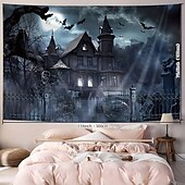 cheap Halloween Wall Tapestries-Skull in the Sky Halloween Tapestry – Spooky Graveyard Wall Hanging with Full Moon &amp; Fog, Gothic Horror Decoration for Haunted Room Aesthetic