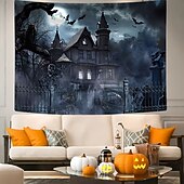 cheap Halloween Wall Tapestries-Skull in the Sky Halloween Tapestry – Spooky Graveyard Wall Hanging with Full Moon &amp; Fog, Gothic Horror Decoration for Haunted Room Aesthetic