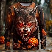 tanie koszulki Halloween-Halloween Męskie 3D Wilkołak Podkoszulek Długi rękaw Podkoszulek Druk 3D Półgolf Koszula Moda Przesadny Ulica Codzienny Niebieski Fioletowy Pomarańczowy Lato Wiosna Jesień Odzież S M L XL XXL XXXL