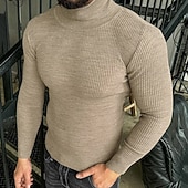 billiga tröja för män-Herr Pullover tröja Stickad tröja Ribbad Sticka Vanliga toppar Stickat Slät Polokrage Mode Grundläggande Semester Dagliga kläder Kläder Höst Vinter Vin Svart M L XL