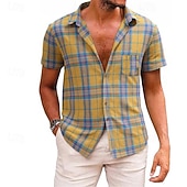 preiswerte Herrenhemd zum Knöpfen-Herren Hemd Sommerhemd Freizeithemd Strandhemd Knopfhemd Gelb Rote Grün Kurzarm Karomuster Revers Urlaub Hawaiianisch Tasche Bekleidung Polyester Mode Lässig Bequem