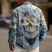 preiswerte Halloween-Shirts-Halloween Herren Schädel Frozen Hemd Knopfhemd Langarm Dunkler Gothic-Stil Ferien Streetwear Frühling Herbst Umlegekragen 3D-Druck Hemden mit Kragen Blau