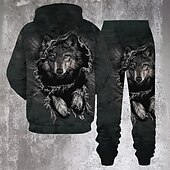 halpa Miesten 3D Collegepaita Setti-Halloween Miesten Susi Eläinkuviointi 2kpl 3D-hupparisarjat Verryttelypuku Huppari Pitkähihainen Pitkät housut Hupullinen Katutyyli Rento arki Katu Urheilu- ja treenivaatteet 3D-tulostus Kevät Syksy