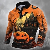 billiga Halloween Polos-Halloween Herr Pumpa Fladdermus Polo Långärmad Polotröjor Kavajslag Ledigt Mörk Gata Fritids- Festival outfit 3D-utskrift Knappar Vår Höst Vinter orange1 Orange 2