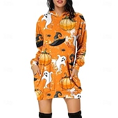 abordables Robe d&amp;#39;Halloween-Femmes Mini Robe Robe à Capuche Robe Décontractée Mode Moderne Halloween Quotidien Week-end Coupe régulière Potiron manche longue À capuche Jaune Bleu Violet Vert Printemps Automne