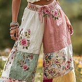 billiga breda ben och hög midja-Dam Brett skaft Byxor Palazzo byxor Mode Boho Fullängd Hög midja Färgblock Blomma Snörning Elastisk midja Mönster Mateial som andas Bekväm Gata Dagliga kläder Utekväll Rosa Vår Höst Normal