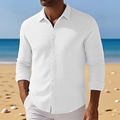 economico camicia da uomo con bottoni-Per uomo Camicia Camicia a nido d&#039;ape Camicia Estiva Camicia casual Camicia con Bottoni Nero Bianco Kaki Azzurro Manica Lunga Semplice Testurizzato Bavero Vacanza Casuale Abbigliamento Moda Casual