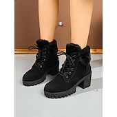 baratos Botas de neve e inverno-Botas femininas pretas de cano curto com cadarço e forro de pele – botas de inverno com salto grosso e sola de borracha para clima frio, uso casual e ao ar livre