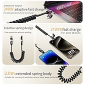 baratos Cabos de telemóvel-Cabo de carregamento super rápido com tela de 240 W, cabo de dados com mola para iPhone, Huawei, Xiaomi, Samsung, cabo de carregamento 4 em 1 tipo C para tipo C