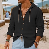 preiswerte Urlaub-Herren Hemd Leinenhemd Strandbekleidung Knopfhemd Kapuzenhemd Einfach Urlaub Lässig Schwarz Weiß Blau Grün Langarm Mit Kapuze Sommer Frühling &amp; Sommer Bekleidung Knöpfe