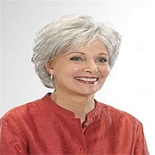abordables perruque plus âgée-Perruques courtes en cheveux gris argentés mélangées à une perruque bouclée de style lutin avec frange, cheveux naturels à usage quotidien