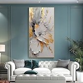 Pintura a óleo de flores douradas sobre tela, arte de parede feita à mão, pintura floral branca abstrata, decoração de sala de estar, decoração de casa, pintura enrolada, sem moldura, sem esticar baratos Pinturas a Óleo-Pintura a óleo de flores douradas sobre tela, arte de parede feita à mão, pintura floral branca abstrata, decoração de sala de estar, decoração de casa, pintura enrolada, sem moldura, sem esticar