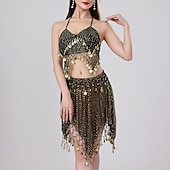 abordables Tenues de danse du ventre-Danse du Ventre Jupes Jeton en cuivre Couleur unie Épissage Femmes Performance Entraînement Sans manches Haut Polyester