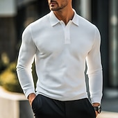 preiswerte Herren Klassisches Polo-Herren Waffel-Poloshirts Golfshirt Straße Lässig Revers Langarm Basic Modern Einfach Texture Knöpfe Frühling Herbst Ganzjahres Normale Passform Weiß Schwarz Gelb Hellblau Burgunderrot Grau