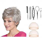 baratos peruca mais velha-Peruca clássica curta com volume invejável e camadas texturizadas  Tons multiculturais de loiro com 2PCS touca de peruca HD e conjunto de ferramentas de cabeleireiro